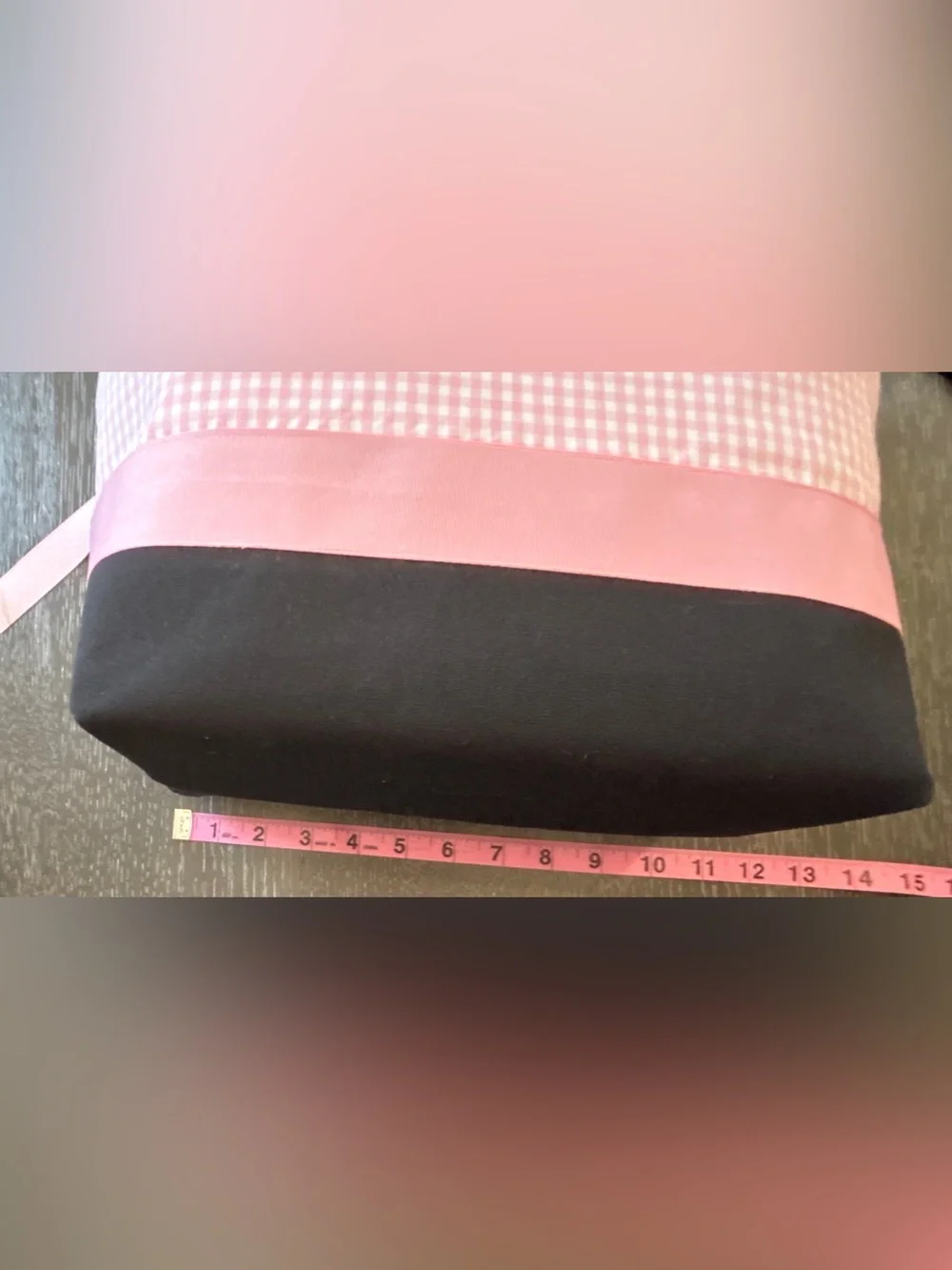 Pink Gingham Tote Bag. Black Straps. Ribbon Accent.  Lined.  Snap Closure.